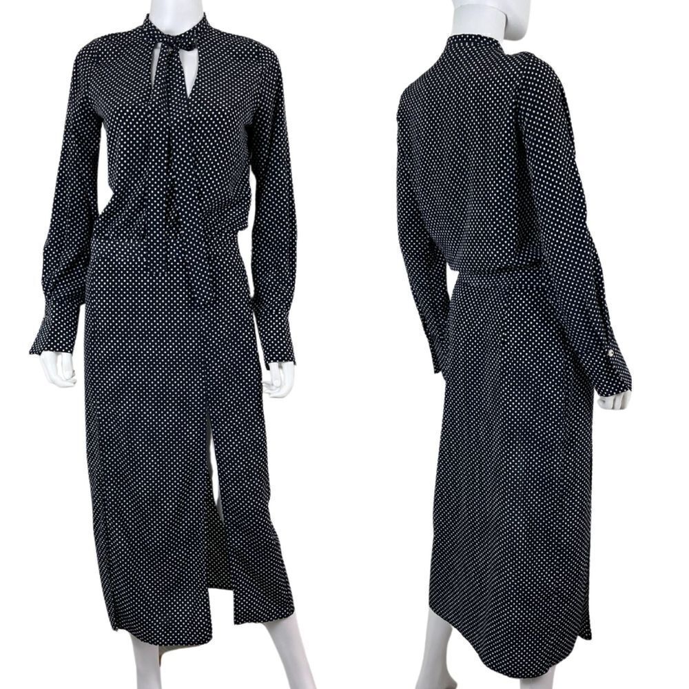 Alexis Womens Size S Noelle Polka Dot Tie Neck Slit Midi Dress Long Sleeve Retro